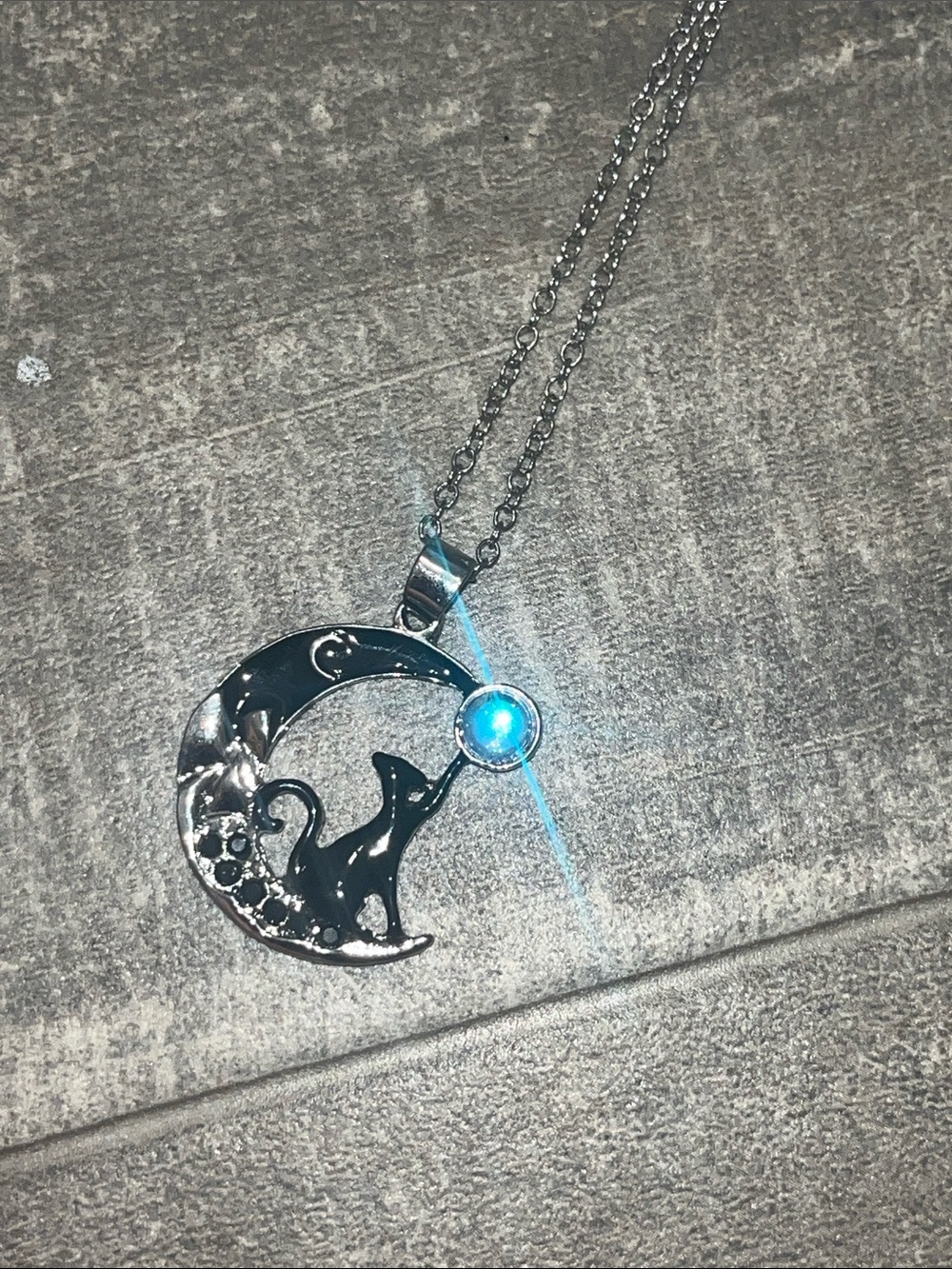 Sterling Silver Black Cat on Crescent Moon Necklace with Blue Opal Accent